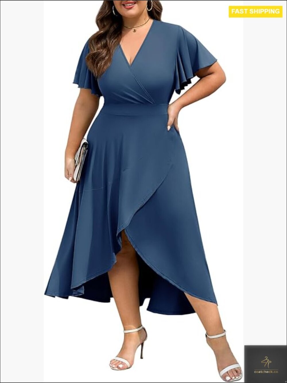 Plus Size Maxi Dress Wrap V Neck High Low Split Ruffle Sleeve Elegant
